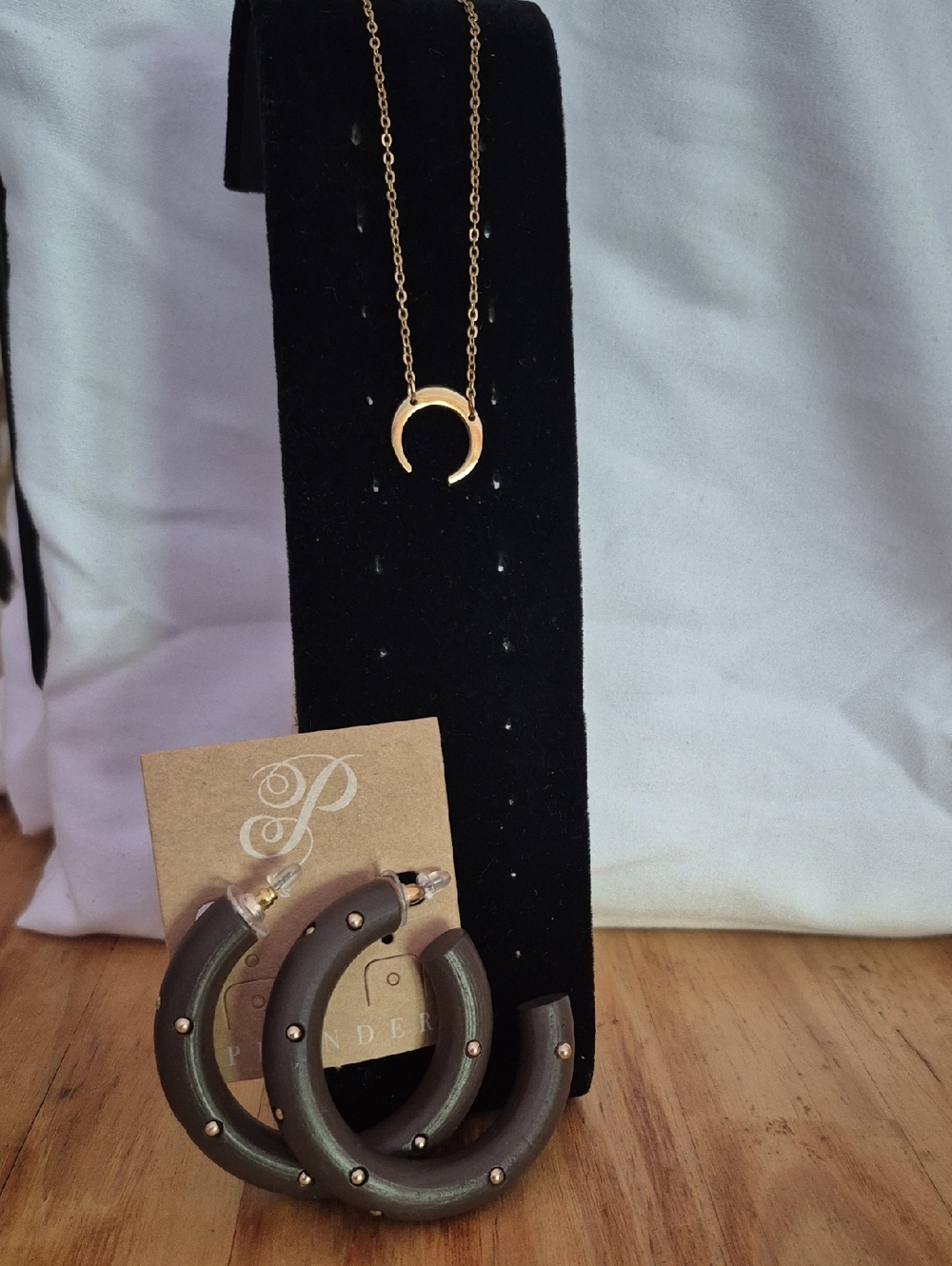Gold Crescent Pendant Necklace with Brown Hoop Earrings - Women's Jewelry